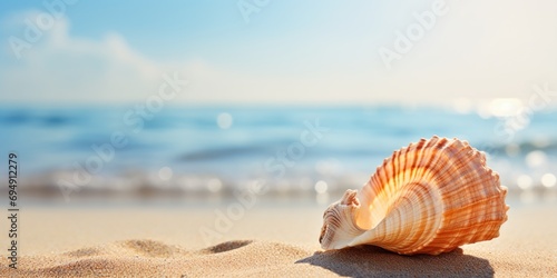 Close-up of a seashell with the beach softly focused in the back.