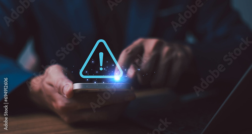 Caution warning sign indicates a potential error danger in the digital technology system. Symbol exclamation, system failure or trouble. Notice important website maintenance and available on internet