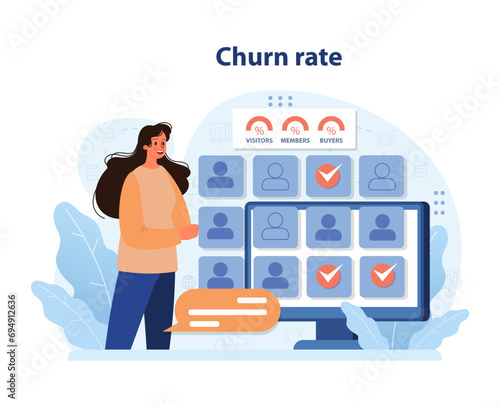 Churn rate analytics showcased. Woman reviews user classifications on a digital screen, monitoring retention and customer behavior. Analyzing visitors, members, buyers data. Flat vector illustration