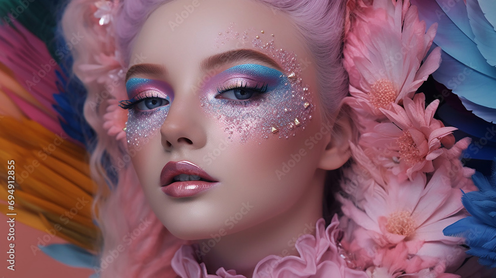 Alternative model woman wearing an artistic and fantasy colorful makeup