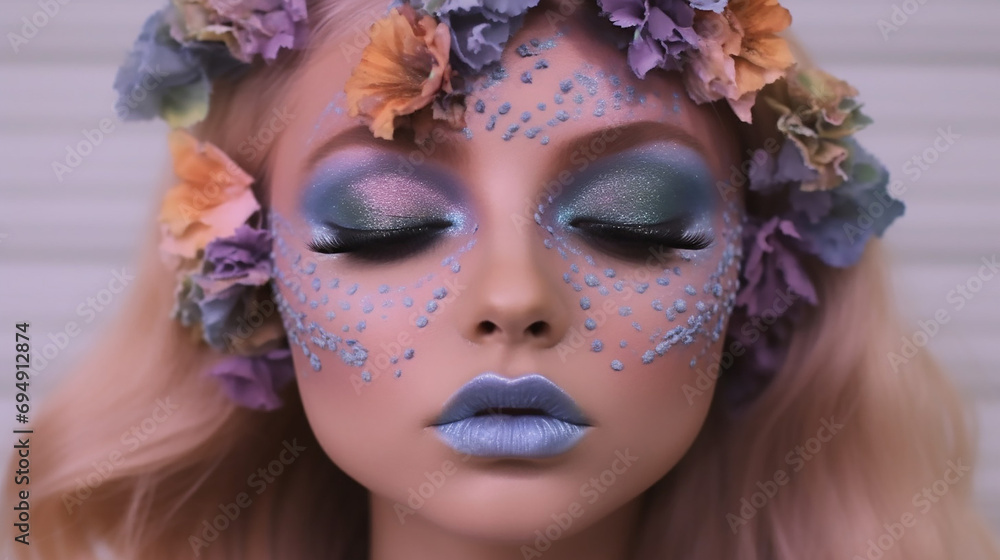 Alternative model woman wearing an artistic and fantasy colorful makeup