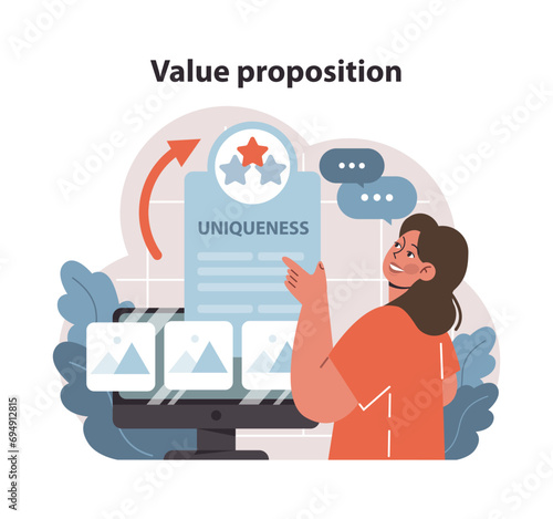 Market penetration concept. Enthusiastic woman highlights the value proposition on a digital display. Showcasing product uniqueness for competitive edge. Attracting target audience. Flat vector