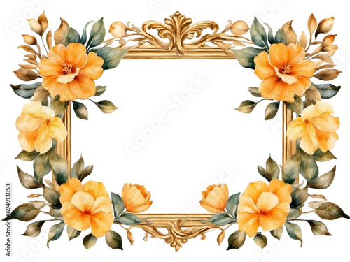 Watercolor gold frame with flowers in PNG format or on a transparent background. Decoration and watercolor-painted floral design element for a project, banner, postcard, business.