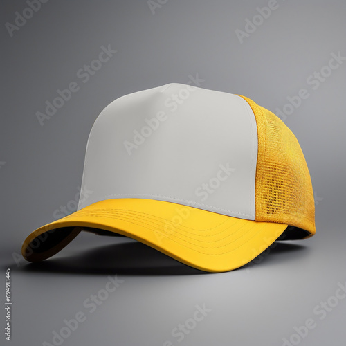Yellow and white trucker hat mockup, 3/4 view photo
