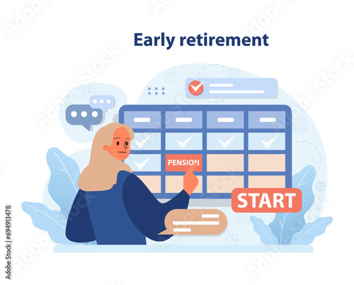 Early Retirement concept. Woman marking PENSION on a calendar, gearing up to start her post-work journey amidst financial icons. Embarking on a leisurely life. Flat vector illustration.