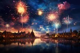 Spectacular fireworks display over beautiful river, fireworks over night river sky, holiday background, bright colorful lights Ai generated