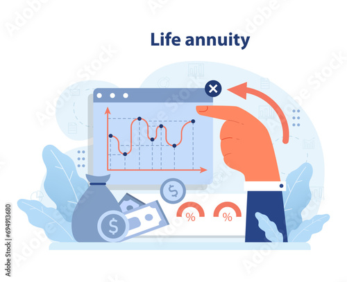 Life annuity concept. Hand analyzing financial chart on screen with dollar savings and interest rates. Retirement investment planning. Flat vector illustration.