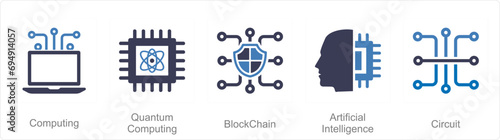 A set of 5 Mix icons as computing, quantum computing, block chain