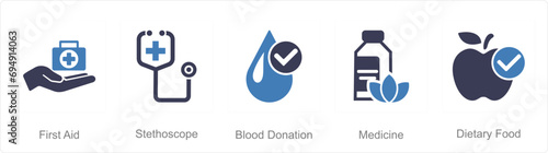 A set of 5 Mix icons as first aid, stethoscope, blood donation