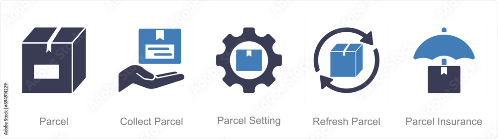 A set of 5 Mix icons as parcel, collect parcel, parcel setting A set of 5 Mix icons as parcel, collect parcel, parcel setting