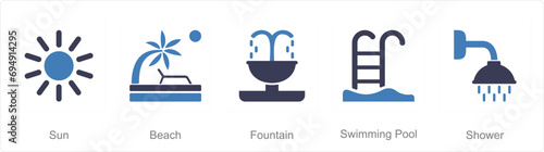 A set of 5 Mix icons as sun, beach, fountain