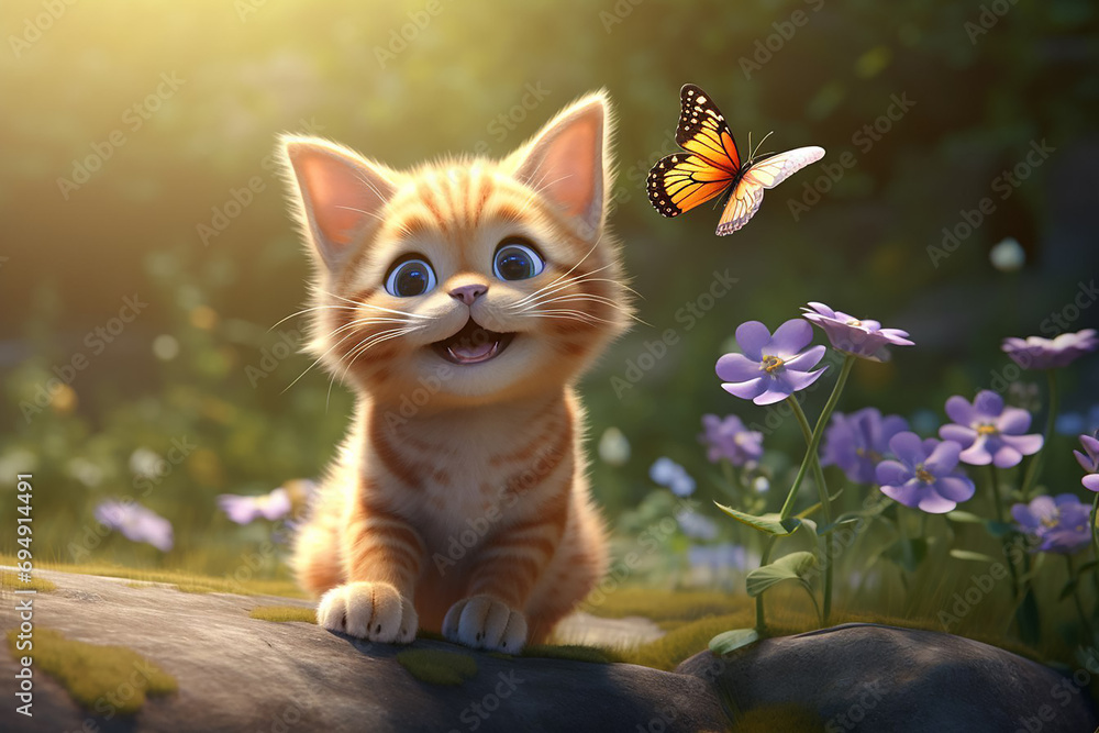 Smiling kitten with butterflies in the forest.