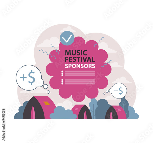 Securing exclusive rights. Woman reviews a digital document outlining privileged sponsor terms. Chat bubbles hint at negotiations. Commitment, perks and benefits spotlighted. Flat vector illustration.
