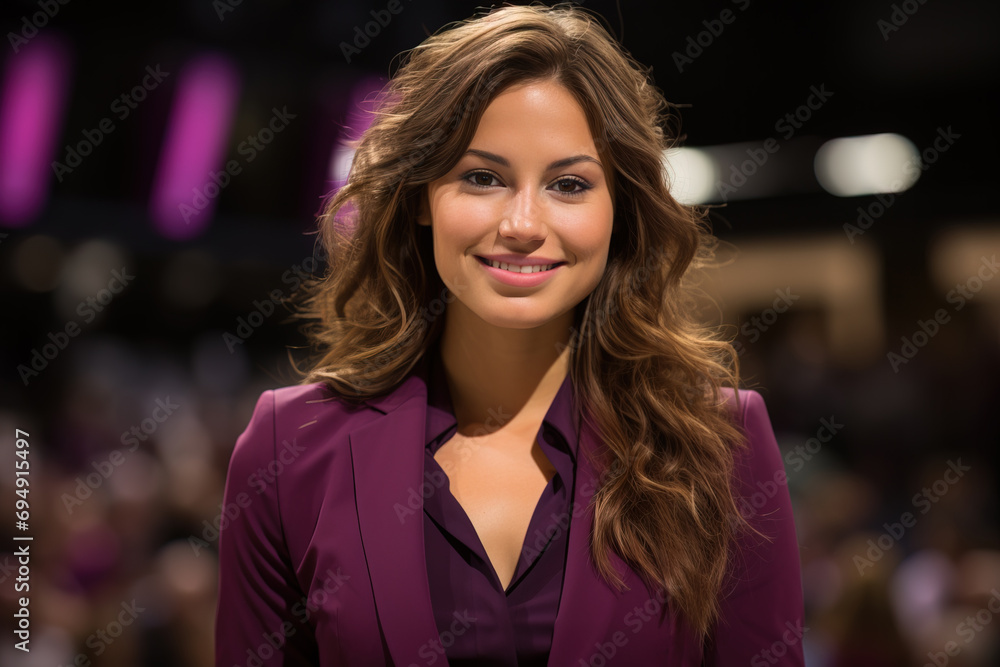 Obraz premium Smiling young woman in a purple blazer at a corporate event, with a blurred indoor background and focused lighting on her.