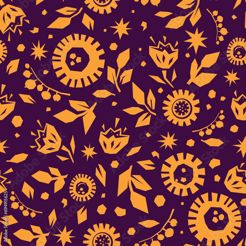 Vector retro seamless pattern of flowers leaves in papercut style on dark background
