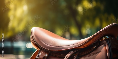 Horse riding saddle close-up, equestrian field behind. photo