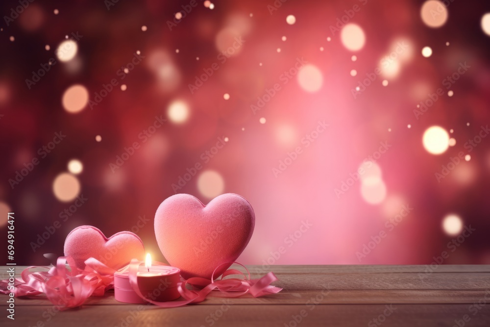 Pink heart candles and pink ribbon on the table on a pink blurred background Pink heart candles and pink ribbon on the table on a pink blurred background