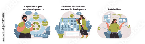 Sustainable investment strategies. Capital sourcing, corporate learning, stakeholder engagement. Green economy driving forces. Flat vector illustration.