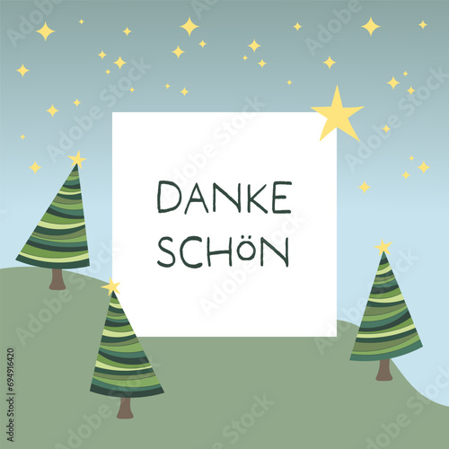 Dankeschön - Schriftzug in deutscher Sprache. Quadratische Dankeskarte mit Weihnachtsbäumen und Sternenhimmel.