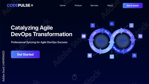 DevOps landing page hero screen concept. The processes between software development and IT teams