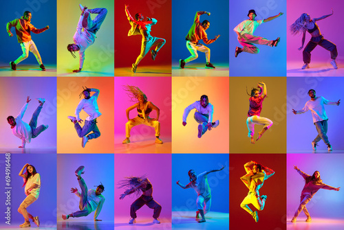 Contemporary creative collage with talented young dancers, men and woman, dancing freestyle in motion in neon light