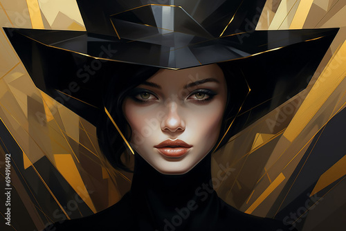 Portrait of a girl in a hat in black and gold tones in the postmodern style. photo
