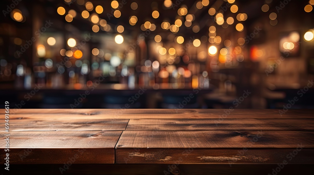 Empty wooden table in front of blurred café bar - obrazy, fototapety, plakaty 
