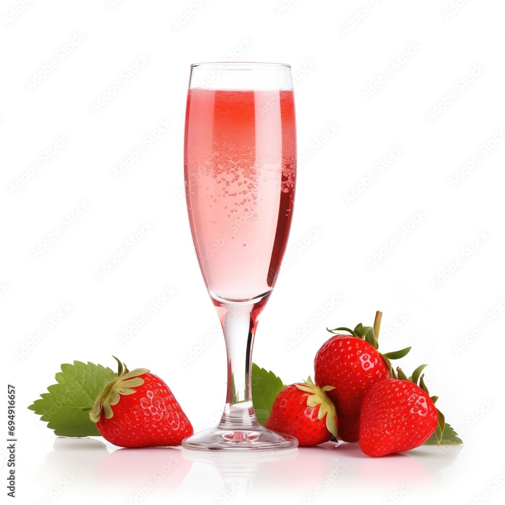 A Flute of Pink Sparkling Champagne with a Strawberry Garnish on the Rim Isolated on a White Background for a St Valentines Day Theme A Flute of Pink Sparkling Champagne with a Strawberry Garnish on the Rim Isolated on a White Background for a St Valentines Day Theme