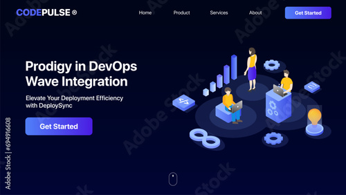DevOps website hero screen concept. DevOps team working on a project