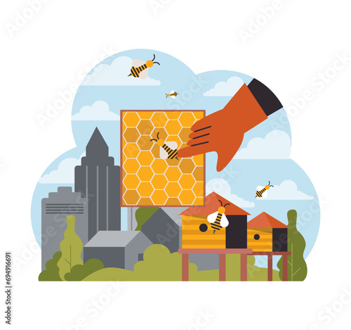 Hand extracts honeycomb in city setting, merging beekeeping with urban life. Bees buzz near hives against cityscape backdrop, illustrating nature within metropolis. Urban bee farm. vector illustration