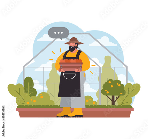 Harvest Day Delight: A proud urban farmer showcases fresh produce, with a sunlit greenhouse backdrop nurturing growth. Flat vector illustration.