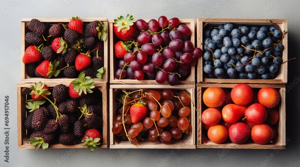Assorted Fresh Berries and Fruits in Wooden Boxes Display on a Neutral Background Assorted Fresh Berries and Fruits in Wooden Boxes Display on a Neutral Background