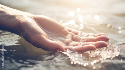 Close Up of Gentle Hand Touching Water Surface with Sunlight Reflections photo