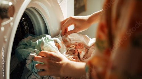woman putting clothes in washing machine photo