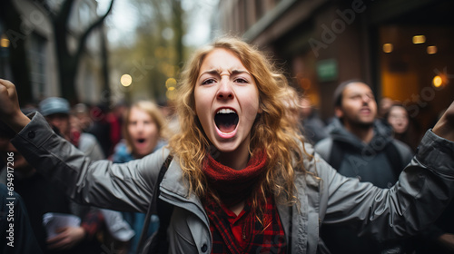 A passionate woman activist shouting at a protest rally, expressing intense emotions amidst a crowd of demonstrators. photo