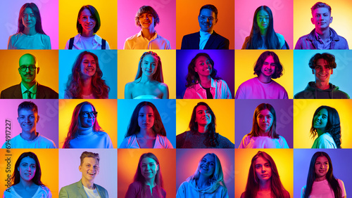 Collage made of different young people, men and women smiling over multicolored background in neon light. Concept of human emotions, diversity, lifestyle, facial expression photo