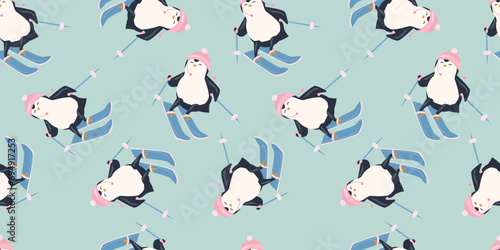 Seamless pattern with cute penguin  skiing. Animals pattern. Penguin cartoon on winter background. Great for wrapping paper design, fabric, textile. Christmas and New Year background