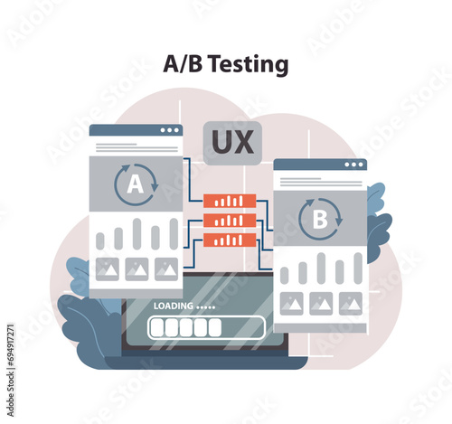 AB Testing UX concept. Dueling browser designs showcase variance in user experience strategy. Compare, analyze, and refine for optimal performance. Flat vector illustration