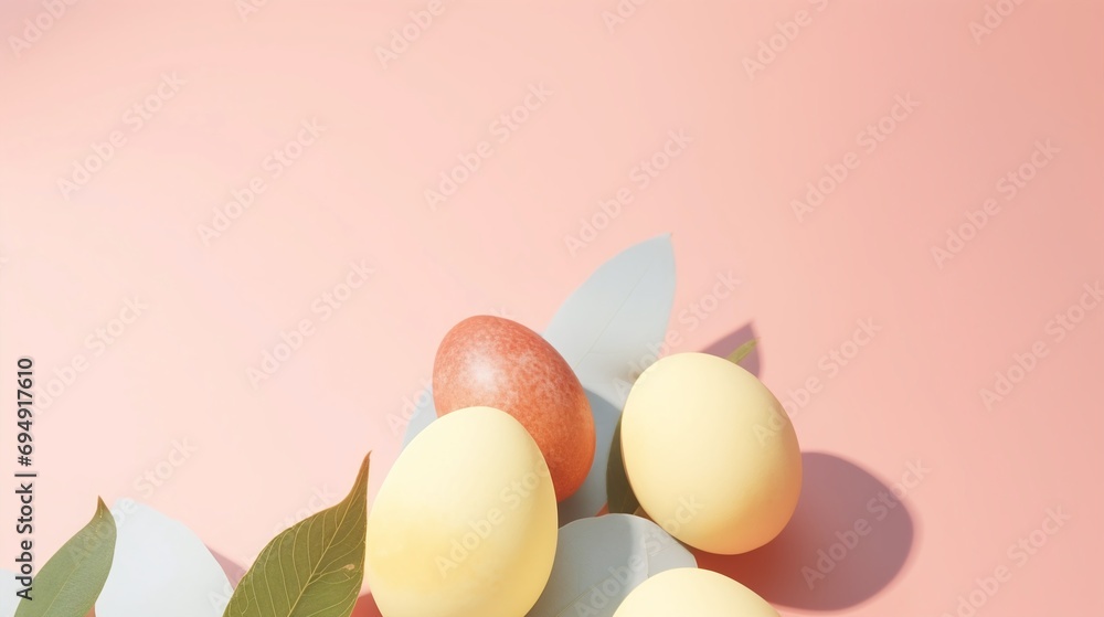 Pastel Easter Eggs with Green Leaves Arrangement on Soft Pink Background for Spring Holiday Celebration Pastel Easter Eggs with Green Leaves Arrangement on Soft Pink Background for Spring Holiday Celebration