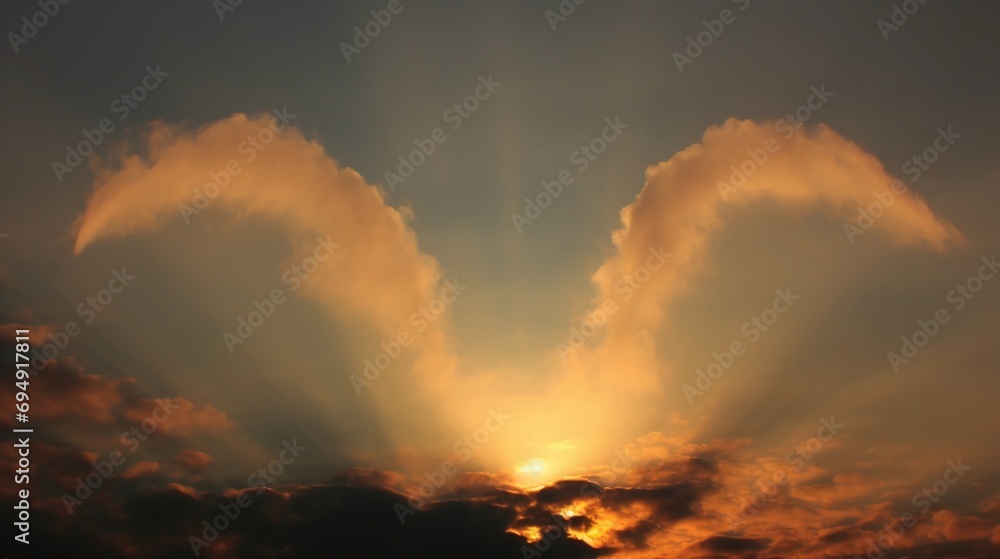 Sunset Sky with Angel Wings Shaped Clouds and Golden Sunlight Breaking Through Cloud Cover
