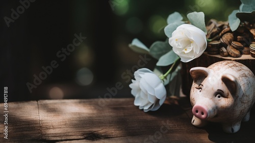 Vintage Ceramic Piggy Bank with Coin Overflow and White Roses on Rustic Wooden Surface in Sunlit Setting photo