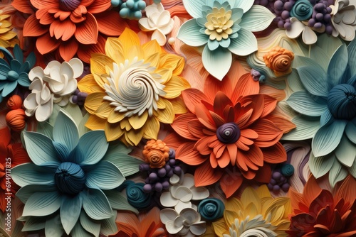 Fototapeta Naklejka Na Ścianę i Meble -  3d floral wallpaper color variation flowers and leaves 3d render background wall decoration Beautiful fantasy vintage flower Ai generated