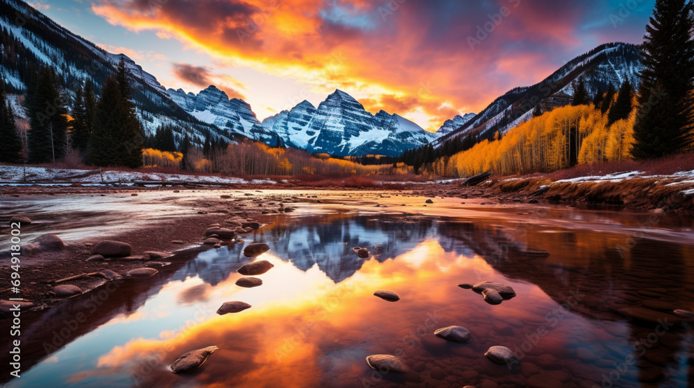 Maroon Bells at ultra realistic majestic sunset with mountain