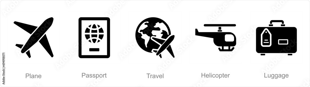 A set of 5 Mix icons as plane, passport, travel A set of 5 Mix icons as plane, passport, travel