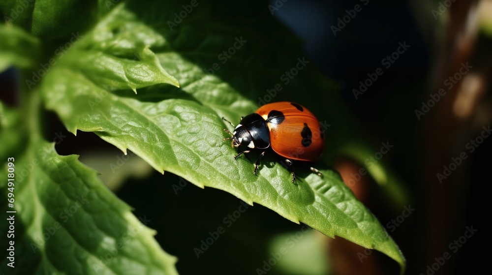 Close Up of Vibrant Red Ladybug on Green Leaf in Natural Sunlight Close Up of Vibrant Red Ladybug on Green Leaf in Natural Sunlight