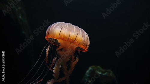Illuminated Orange Jellyfish Underwater with Dark Ocean Background in Natural Habitat © Kiss