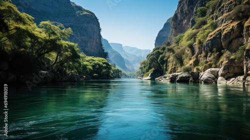 A tranquil river flows between towering cliffs under a clear blue sky, surrounded by lush greenery.