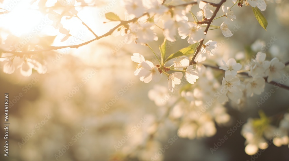 Sunlit Cherry Blossom Branches in Springtime Bloom with Warm Golden Hour Light Sunlit Cherry Blossom Branches in Springtime Bloom with Warm Golden Hour Light