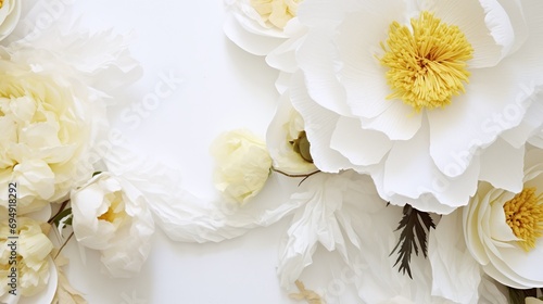 Elegant White Peony Flowers Blooming with Soft Petals and Vibrant Yellow Centers on a Pristine Background