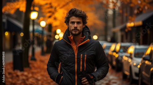 Young man in a fashionable jacket stands on an autumnal city street at golden hour, with a serious expression. © Pavel